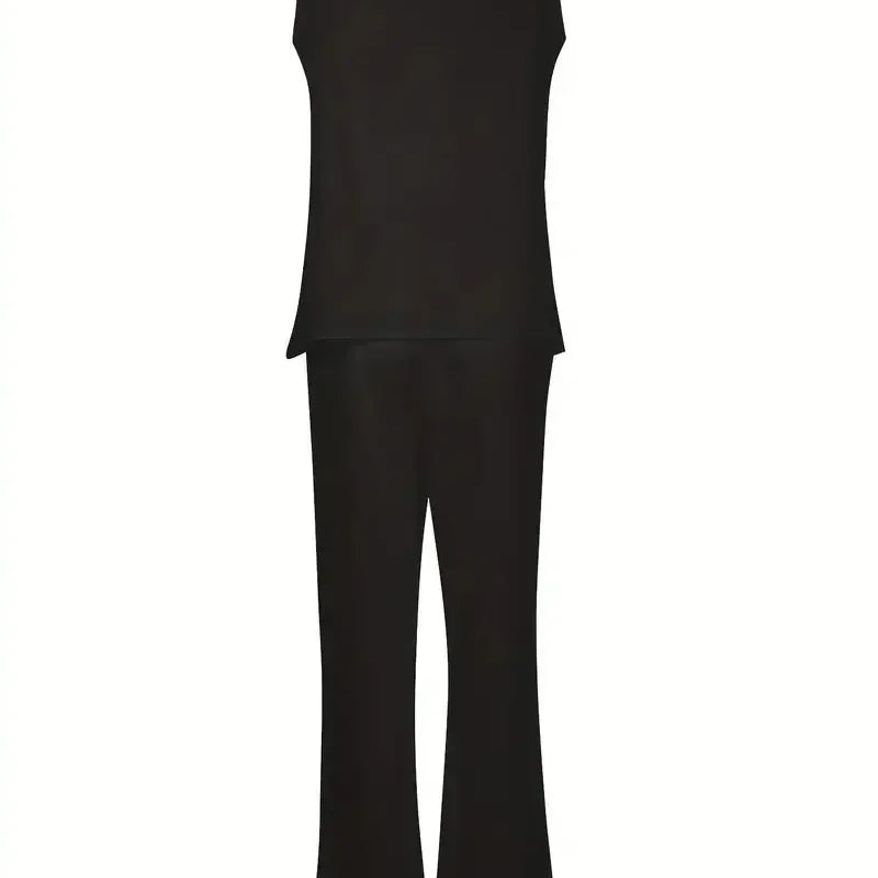 Plus Size 1XL-8XL Women's Casual Outfits Two Piece Set Solid Round Neck Tank Top Wide Leg Pants Outfits 2 Piece Set