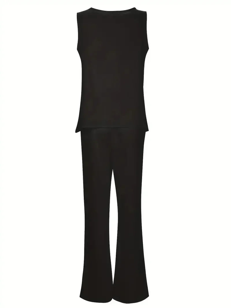 Plus Size 1XL-8XL Women's Casual Outfits Two Piece Set Solid Round Neck Tank Top Wide Leg Pants Outfits 2 Piece Set