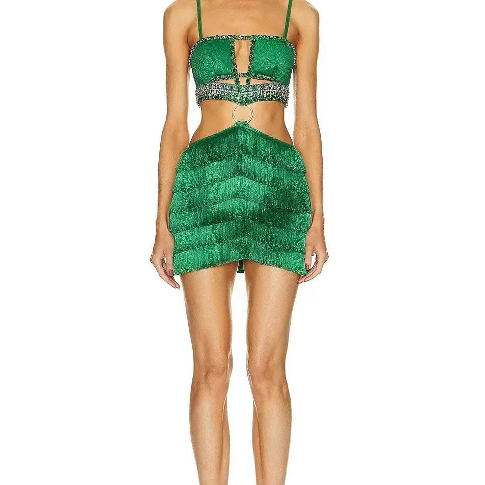 2024 New Green Color Women Sexy Strap Bodycon Mini Bandage Dress Tassels Shinning Crystal Nightclub Party Celebrate Dress green