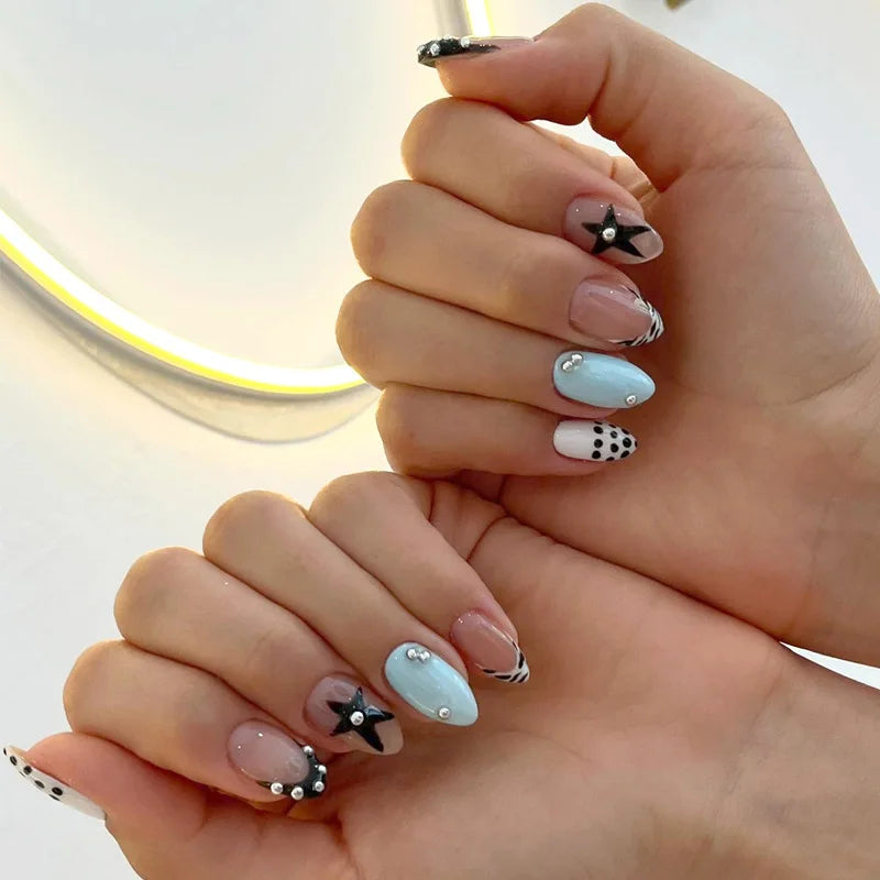 24Pcs Short Almond Press on False Nails French Black Stripe Polka Dot Fake Nails with Star Pearl Reusable Full Cover Nails Tips BZ2001