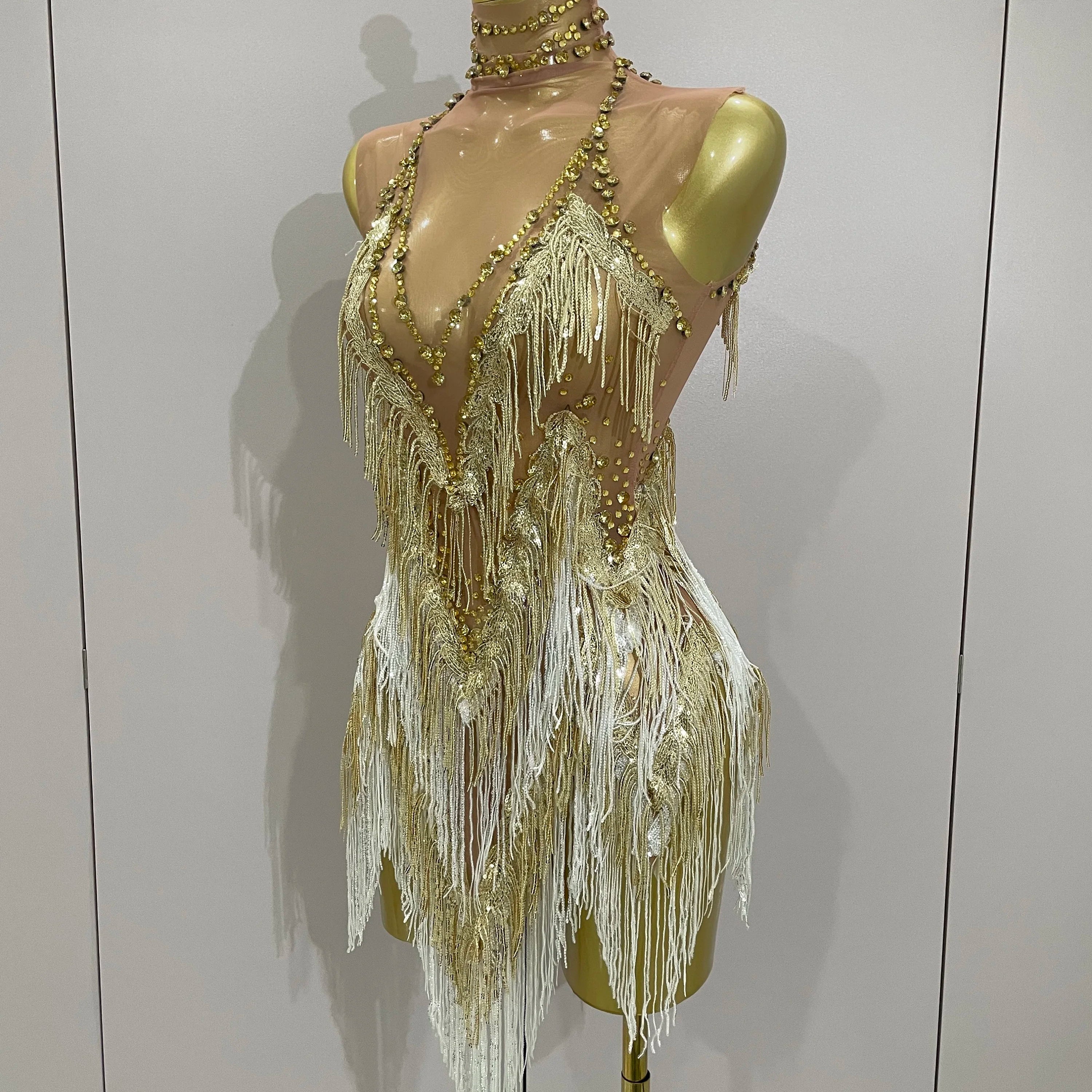 Women Sexy Stretch Mesh Sparkly Rhinestone Tassels Mini Dress Nightclub Singer Dance Stage Costume Evening Gowns