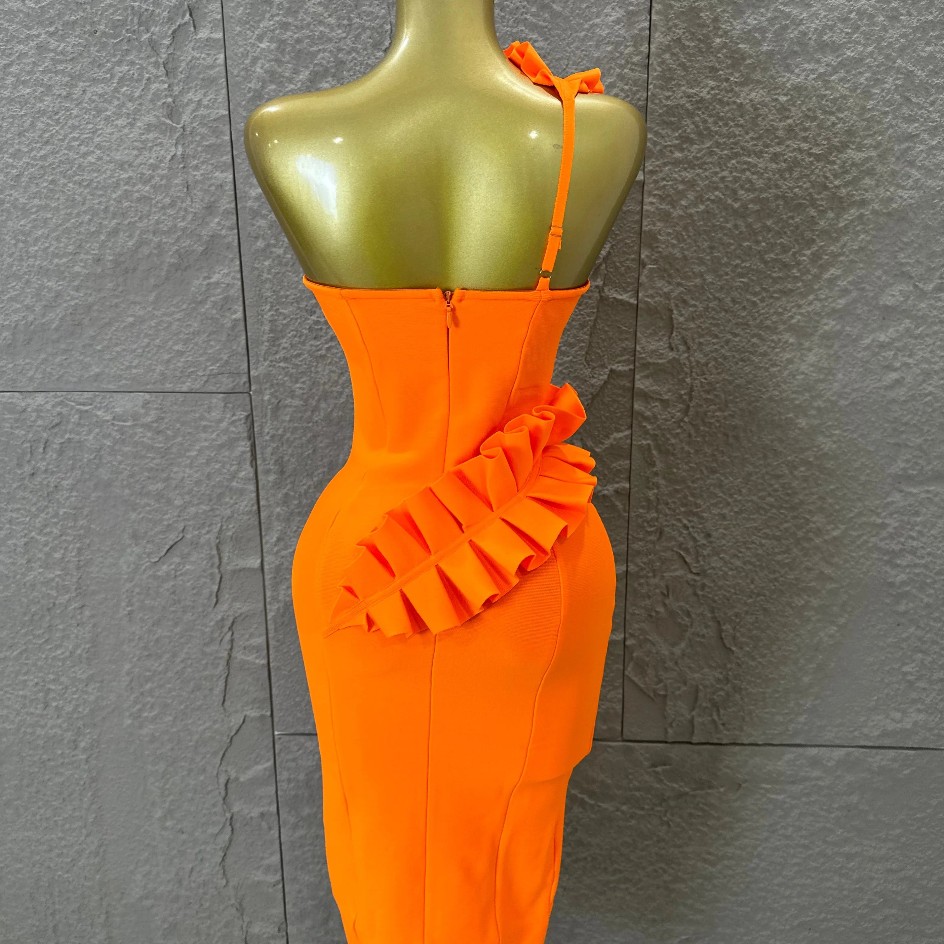 Sexy One-Shoulder Bodycon Midi Dress Women Sexy Ruffle Embellished Waist Cutout High Slit Outfit Evening Gala Party Costume