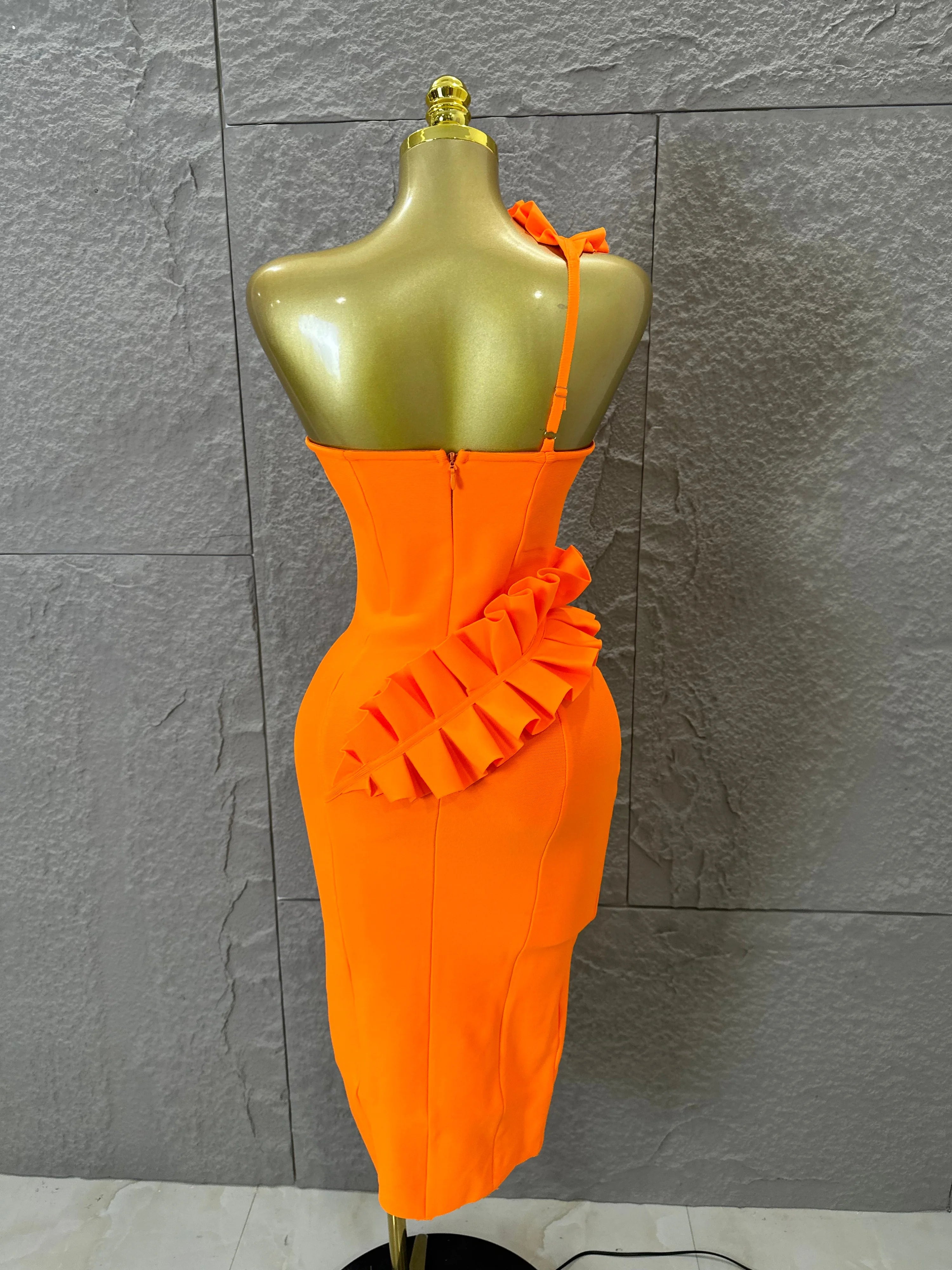 Sexy One-Shoulder Bodycon Midi Dress Women Sexy Ruffle Embellished Waist Cutout High Slit Outfit Evening Gala Party Costume