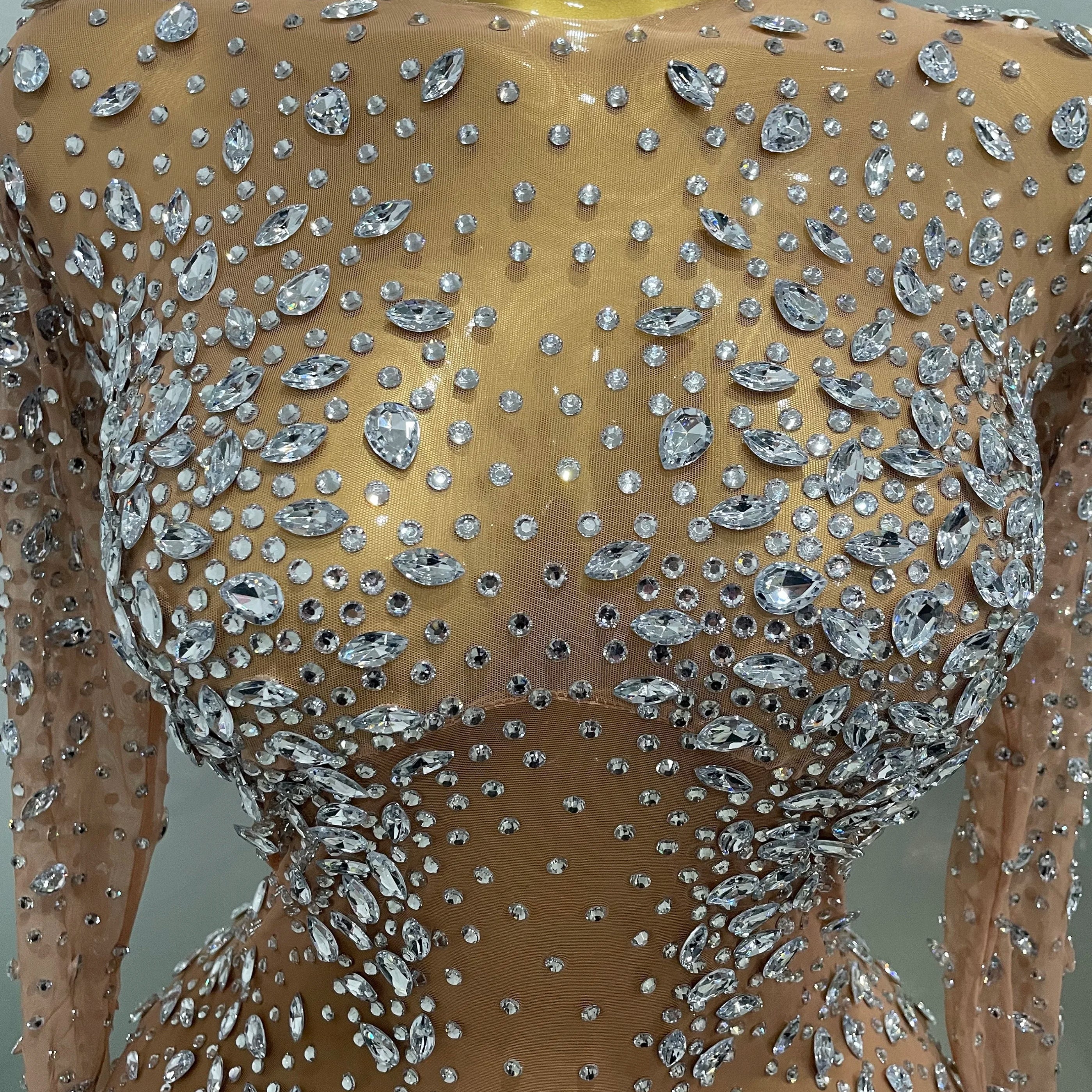 Sexy Shinny Rhinestone Stretch Mesh Transparent Long Dress 2025New Women Evening Birthday Party Prom Nightclub Singer Stage Wear