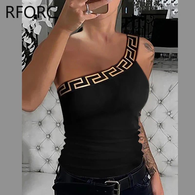 Women One Shoulder Geometric Pattern Sleeveless Sexy Skinny Camis Crop Tops black