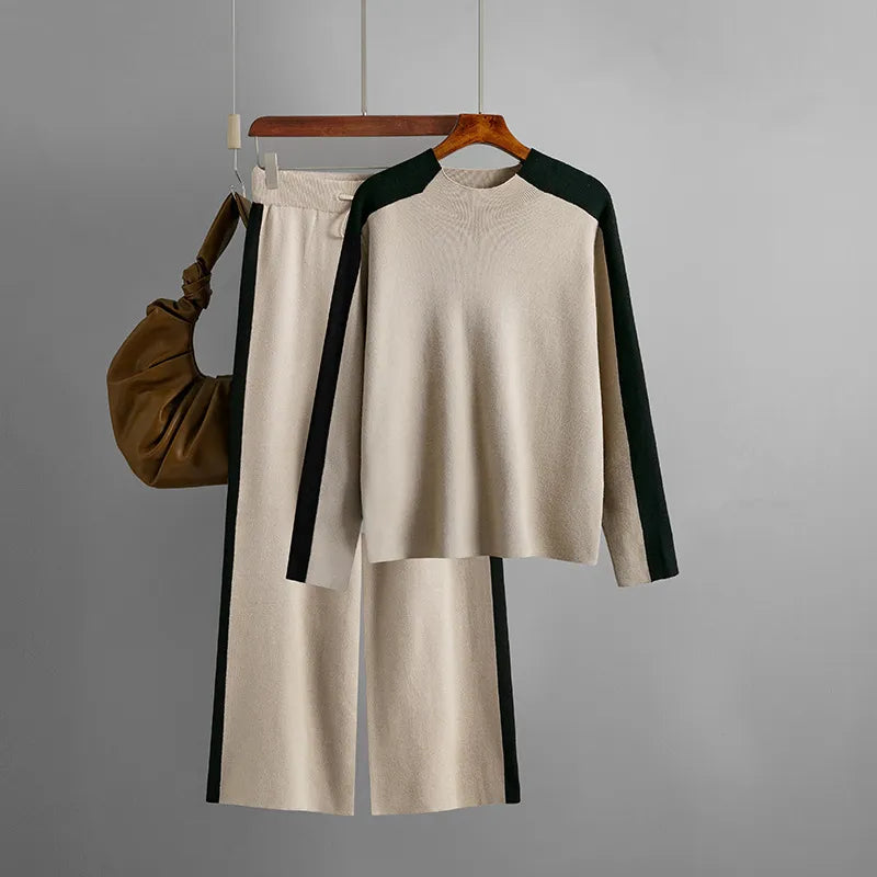 Women's Knitted Suit Pullover Autumn Winter Two Piece Sets Long Sleeve Tops Keep Warm Pants Sets Casual Basic Tracksuit 2 Pieces Camel One Size