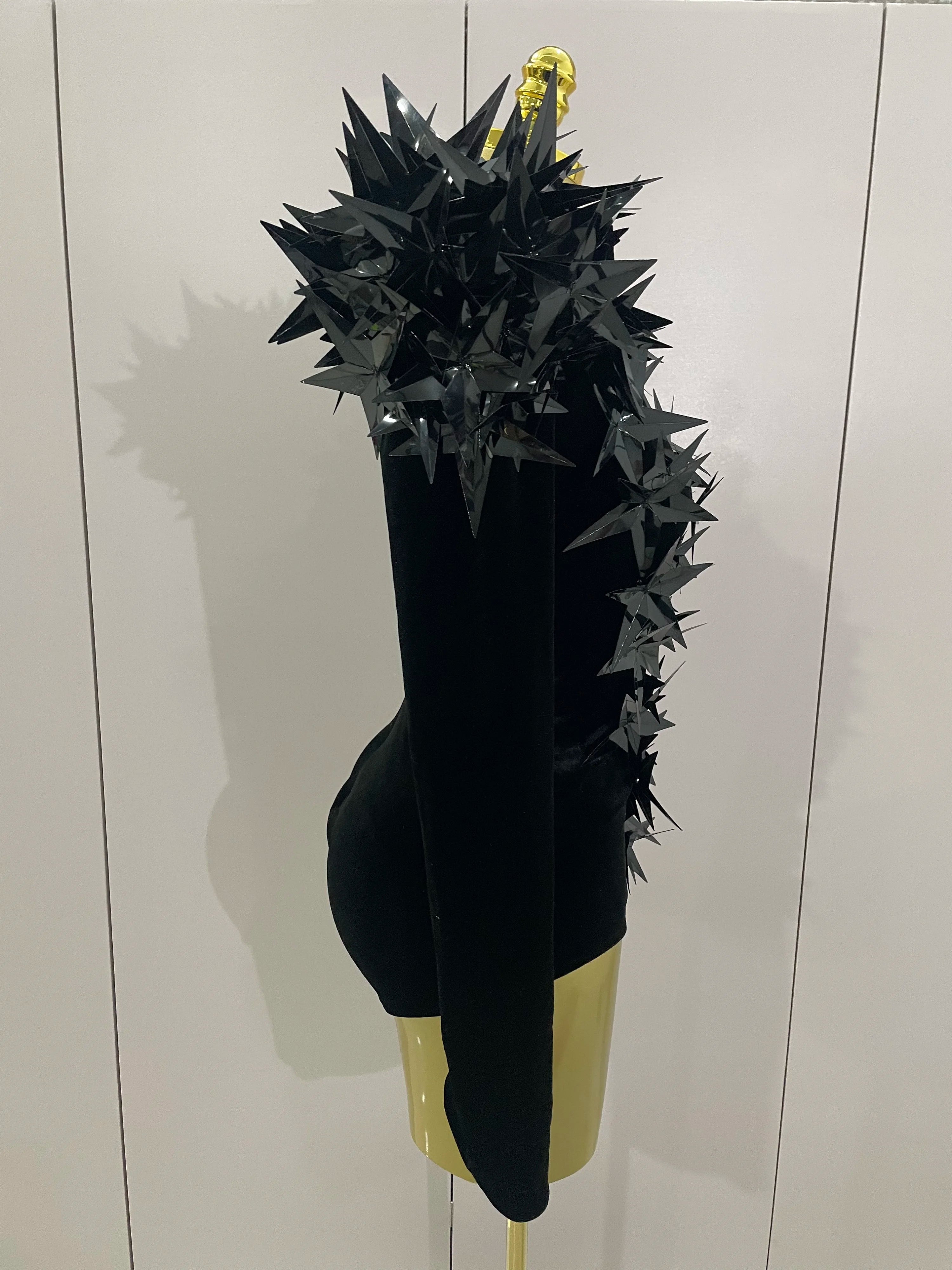 2025 New Shiny Black Rhinestone Velvet Long Sleeve Bodysuit Women Evening Party Club Gala Hosts NightClub Bar Stage Costumes