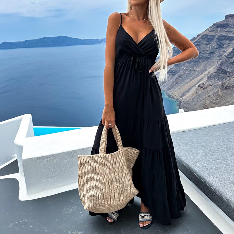 Sexy Loose High Waist Drawstring Pleated Long Dress Female Sundress 01 Black