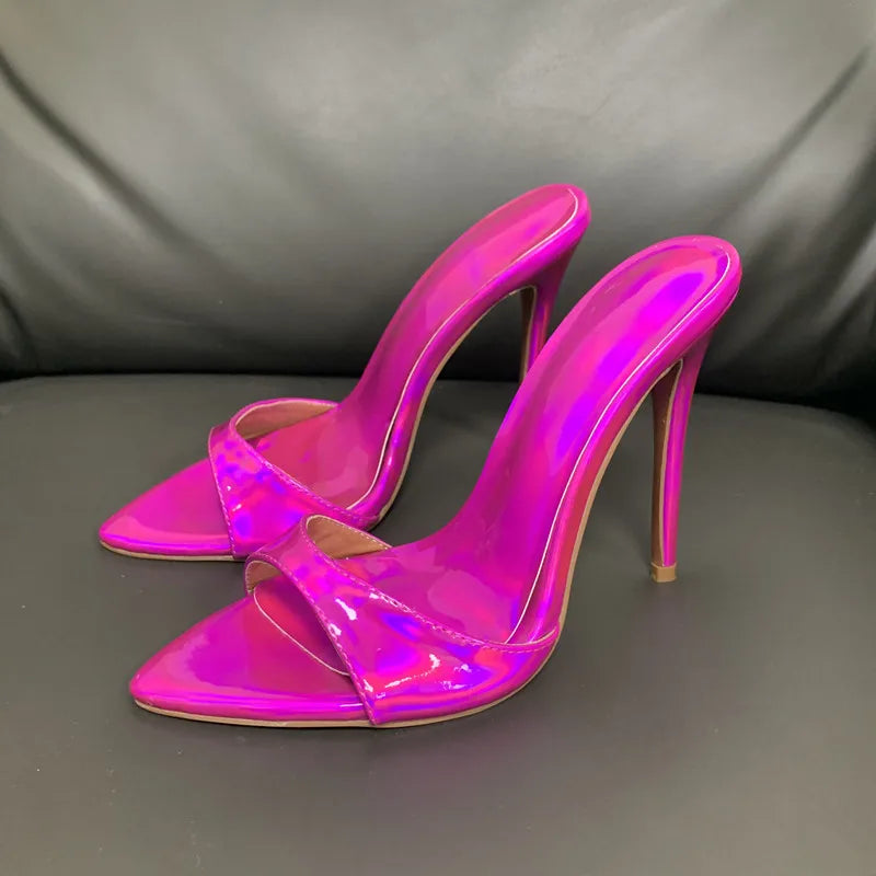 Laser Dazzling Color Sandals For Women Slippers Summer Star Style Very High Heel Shoes Peep Toe Ladies Stiletto Sandals 2025 purple
