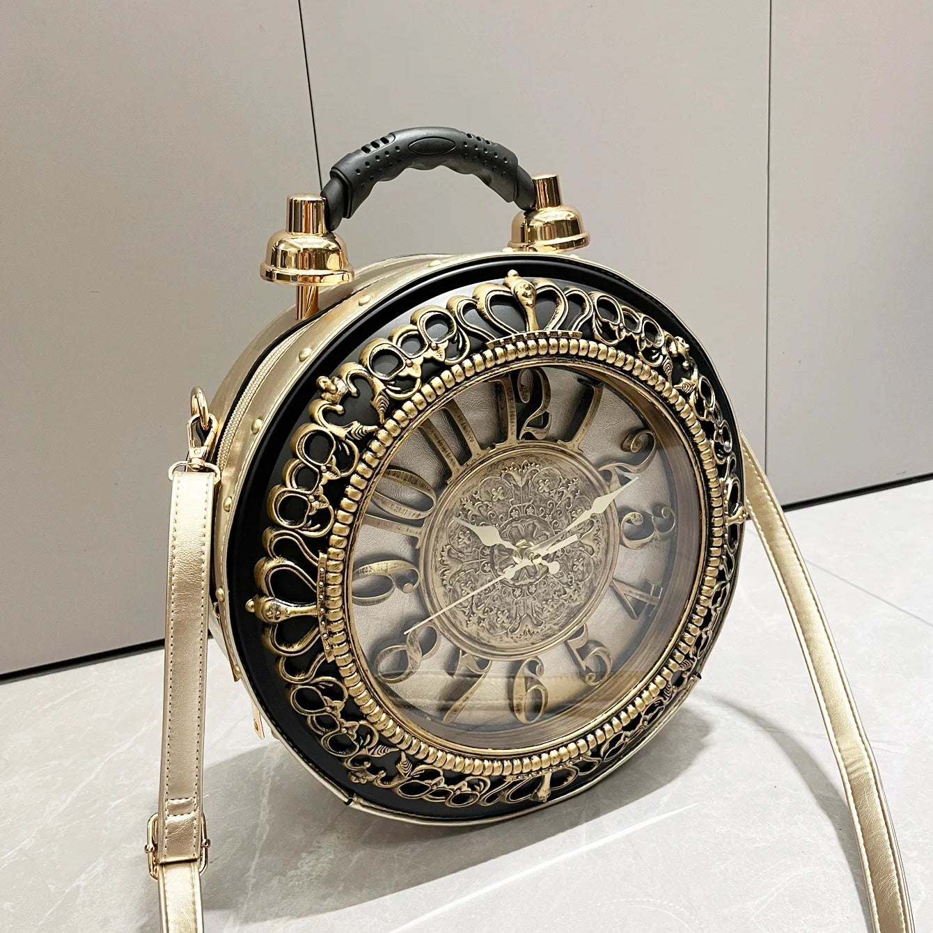 Luxury Designer Purses and Handbags Shoulder Bags funny clock-shaped bag funny Women's round bag pu leather Woman's bag Gold
