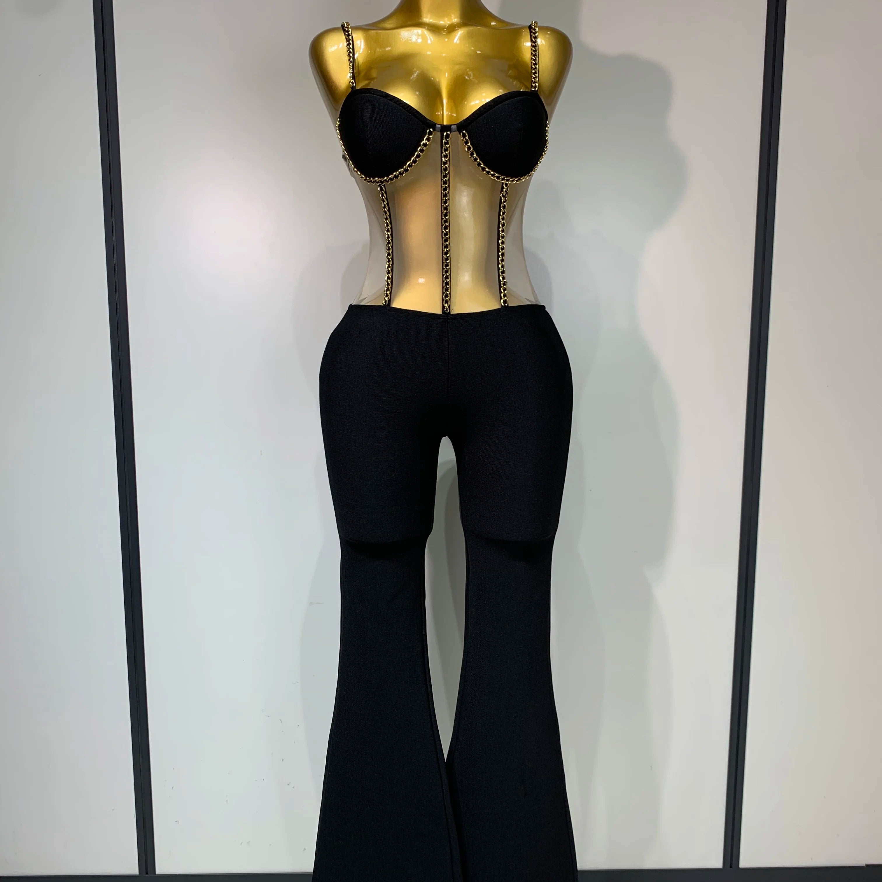 Women Luxury Sexy Sleeveless Mesh Chain Black Bodycon Bandage Jumpsuit 2025 Fashion Party Celebrity Designer High Street Rompers black