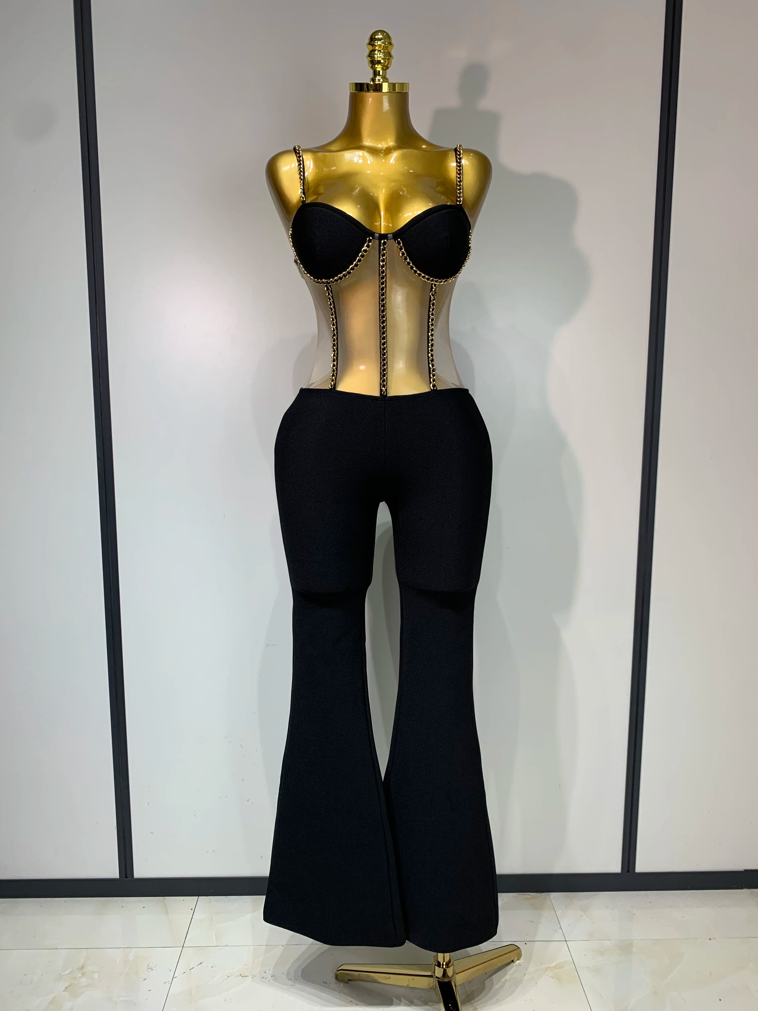 Women Luxury Sexy Sleeveless Mesh Chain Black Bodycon Bandage Jumpsuit 2025 Fashion Party Celebrity Designer High Street Rompers black