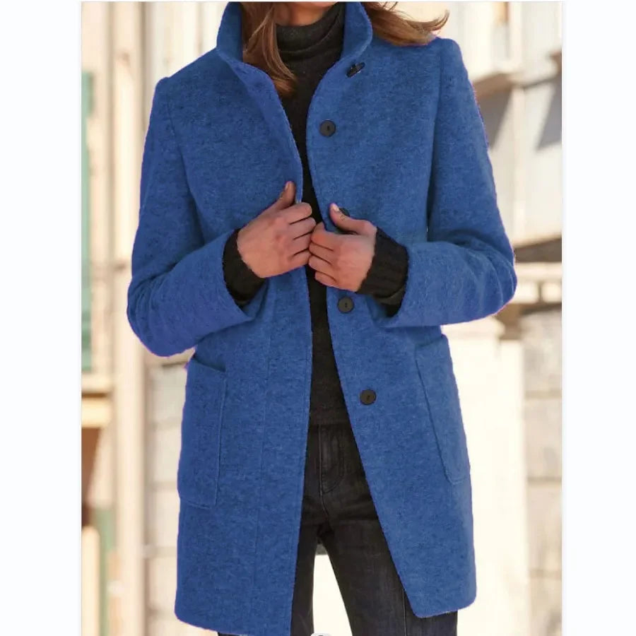 Vintage Women Overcoat Solid Button Stand Collar Woolen Coat Female Autumn Winter Fashion Long Casual Thick Ladies Jacket Denim Blue