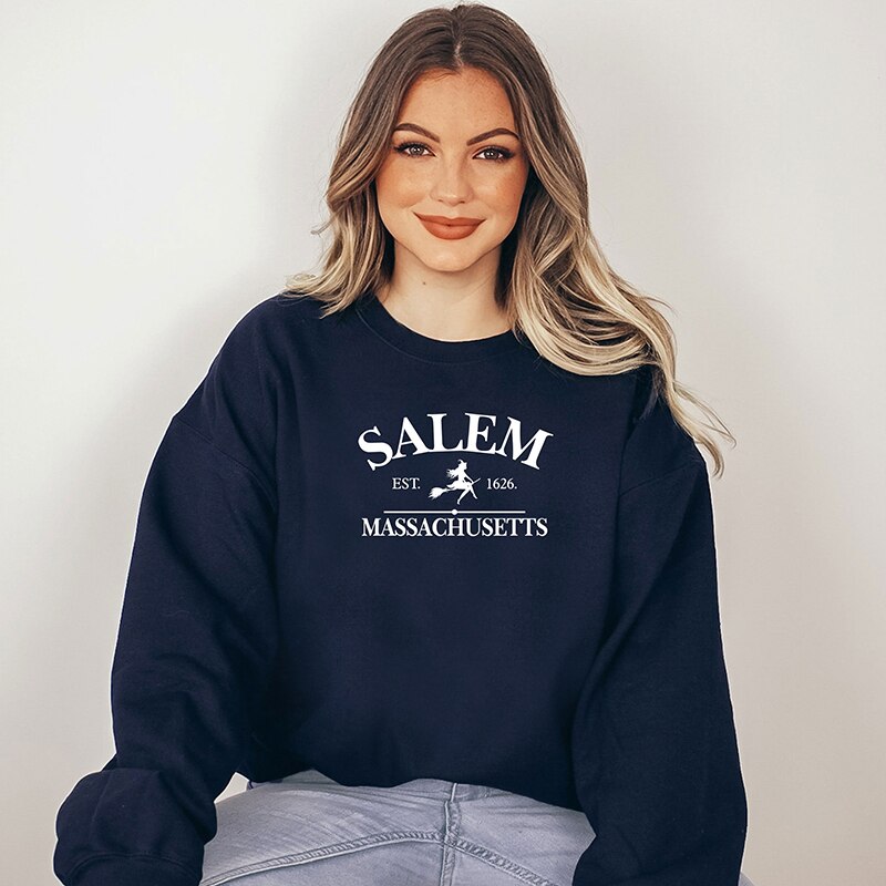 Salem Massachusetts Funny Halloween Womens Sweatshirt O Neck Graphic Hoodies Witch Graphic Tops 2000s Grunge Clothes Female Tops