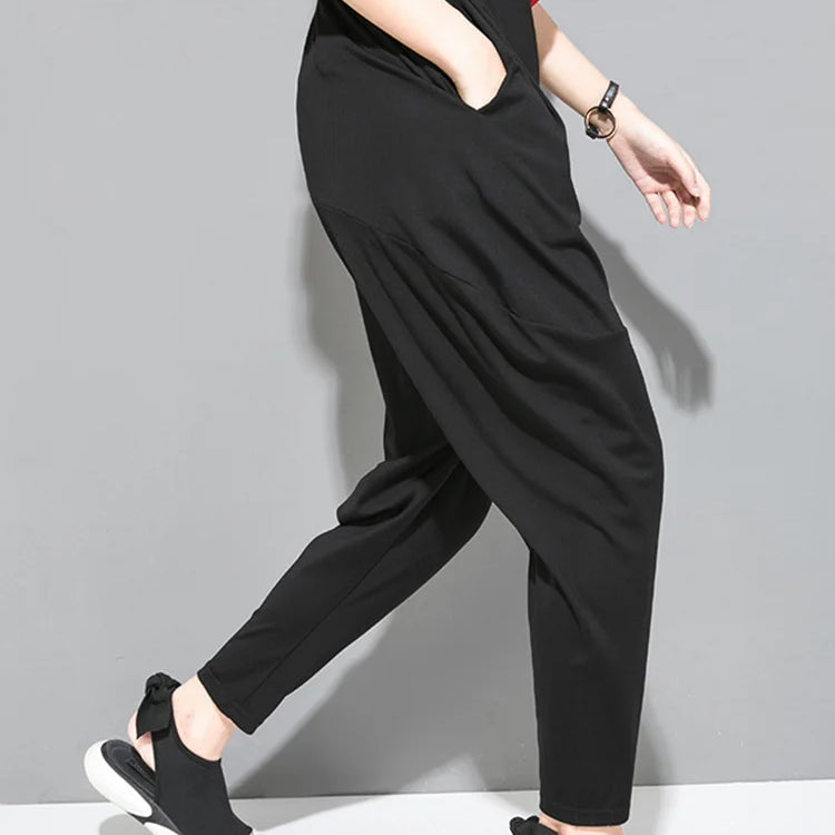 [EAM] High Elastic Waist Black Pockets Thin Harem Pants New Loose Fit Trousers Women Fashion Tide Spring Summer 1DF4728
