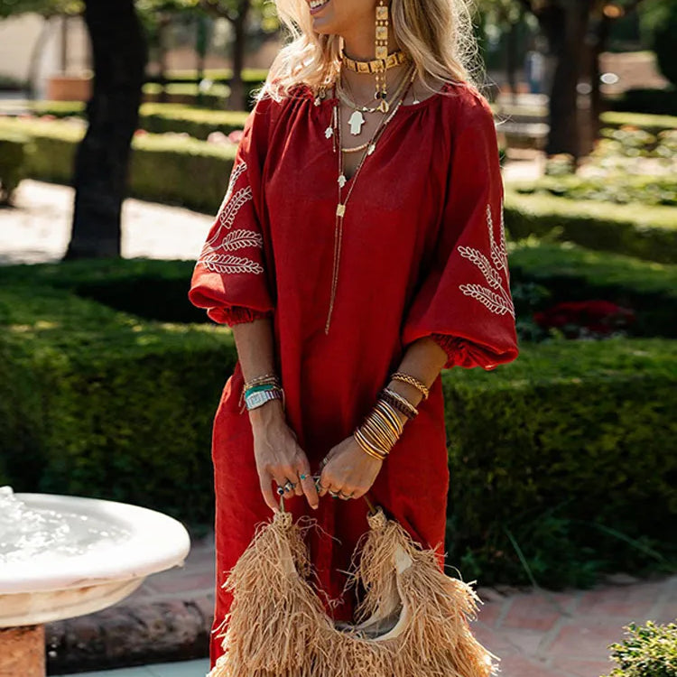 Fashion Linen Printed Women's Slit Maxi Dress Casual Loose V Neck Long Cuff Sleeves Vestidos Spring Lady Vacation Chic Robe