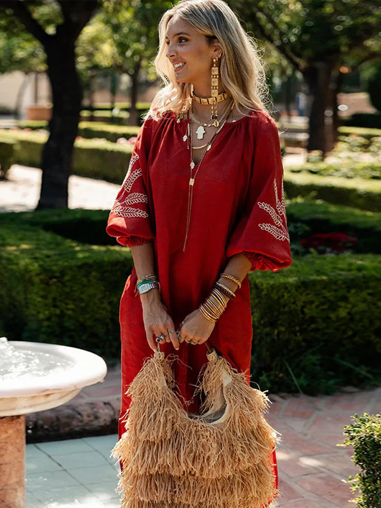 Fashion Linen Printed Women's Slit Maxi Dress Casual Loose V Neck Long Cuff Sleeves Vestidos Spring Lady Vacation Chic Robe