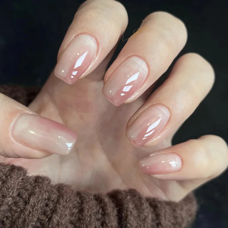 24Pcs Simple Short Gradient Nail Art with Jelly Glue Elegant Ballet Square Wearable False Nails Glitter Sweet Acrylic Nails Set 4