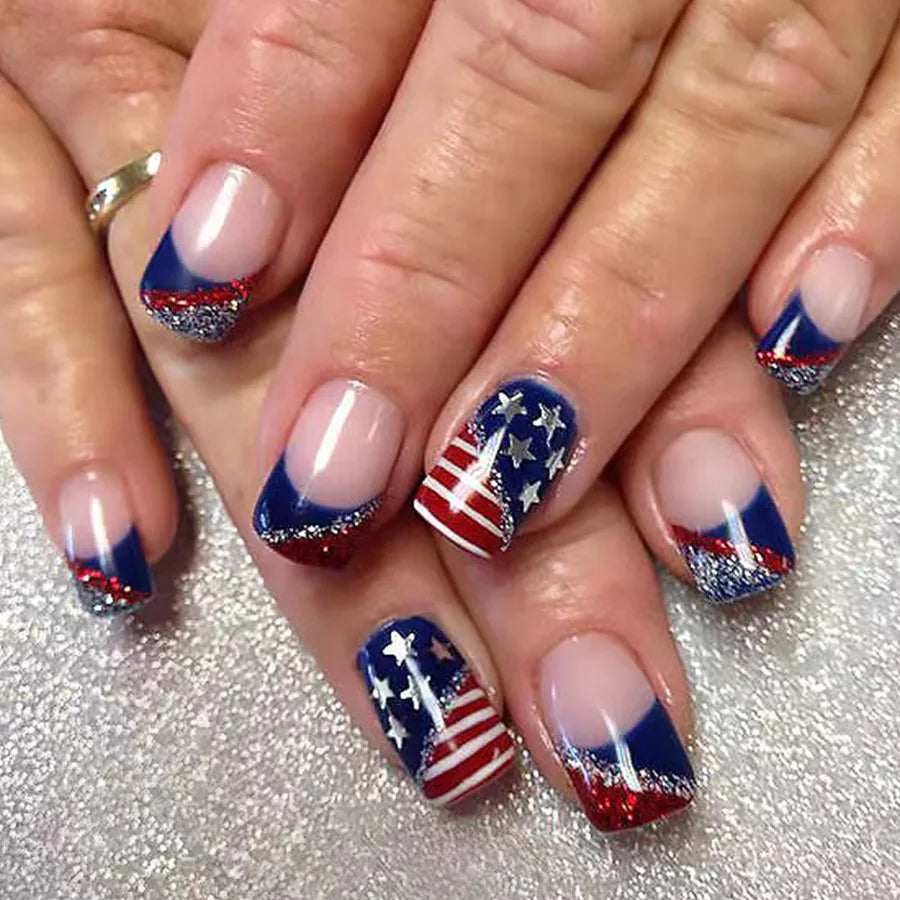 24pcs/set short square fake nails for US Independence Day blue red white star strawberry with glitter press on false nail tips 1362