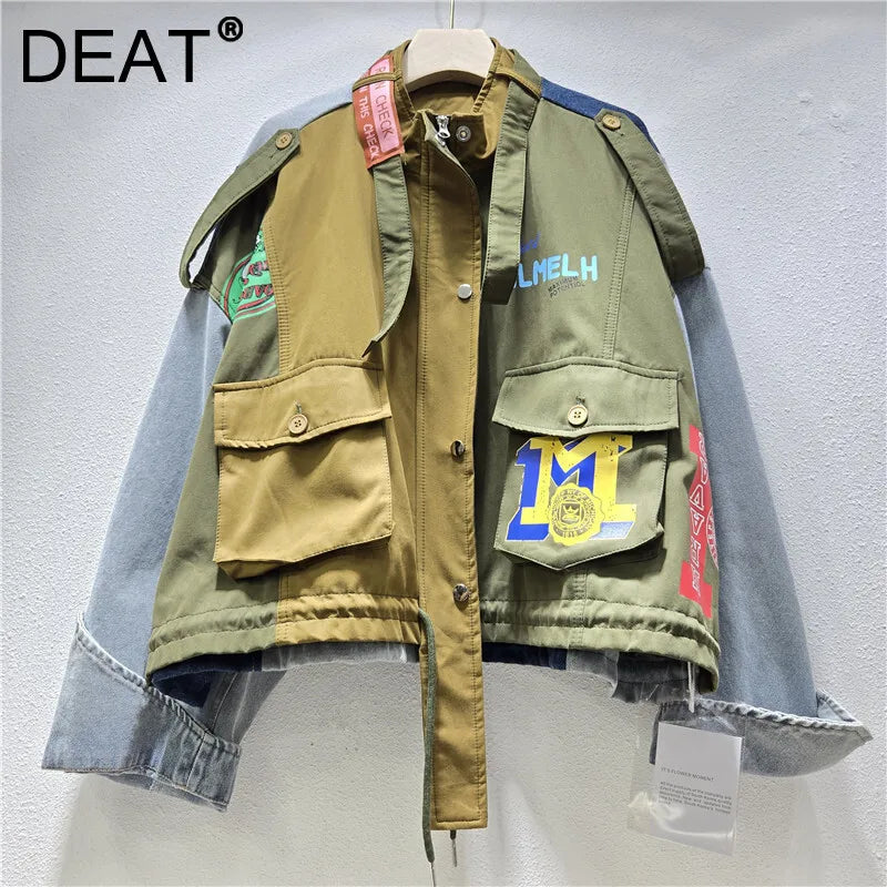 Autumn Winter New Fashion Street Style Loose Short Jacket For Women Letter Printed Contrast Color Coat Female 11A07725