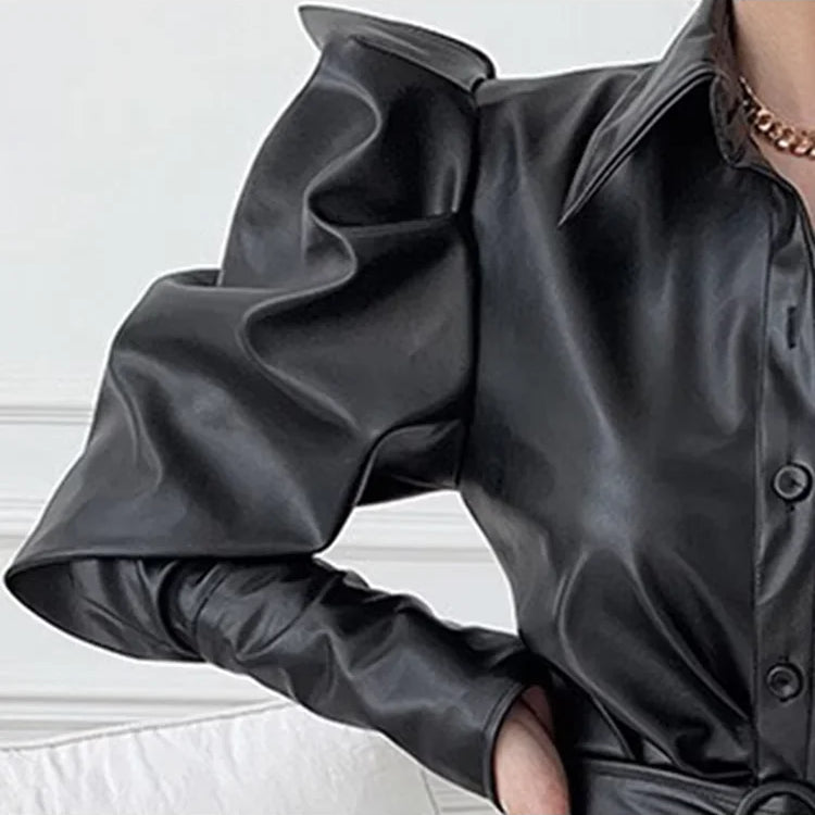 Lautaro Spring Autumn Long Fitted Soft Black Stretchy Pu Leather Shirt Dress Women Puff Sleeve Elegant Luxury Designer Clothes