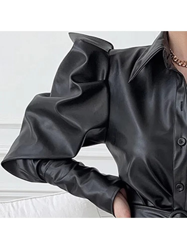 Lautaro Spring Autumn Long Fitted Soft Black Stretchy Pu Leather Shirt Dress Women Puff Sleeve Elegant Luxury Designer Clothes