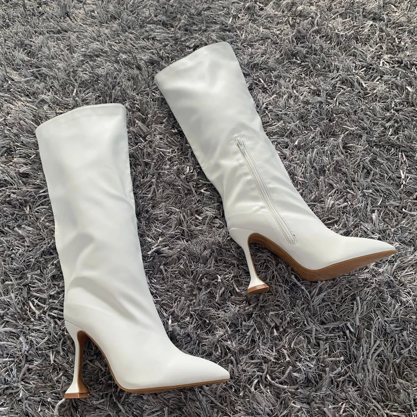 Women's Knee High Boots Pointed Toe Long High-heeled Boots Designer Luxury Brand Women's Leather Boots