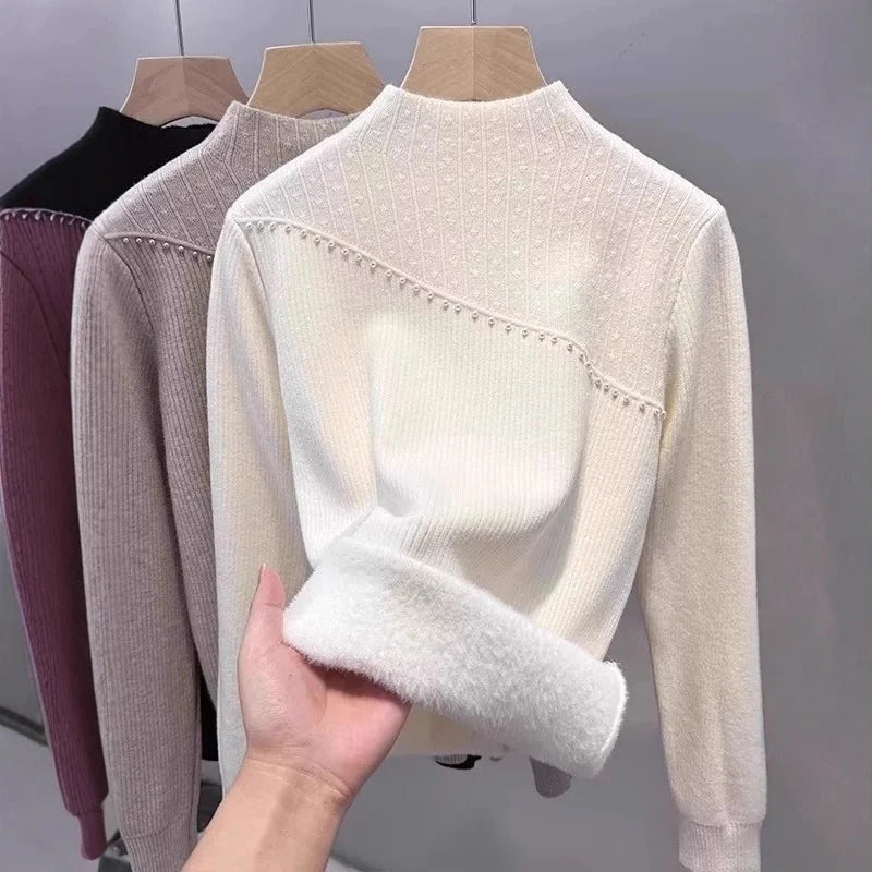 Autumn Winter New Thickened One-Piece Fleece Half High Collar Knitted Base Shirt For Women Inner Pullover 11A07626 Creamy-white One Size