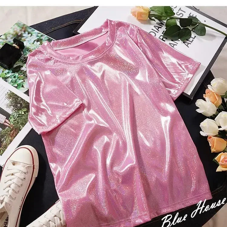 S-5XL Womens Sparkly Shiny Metallic Holographic Round Neck Short Sleeve Casual Loose Top Festival Party Tee Shirt Female Clothes Pink