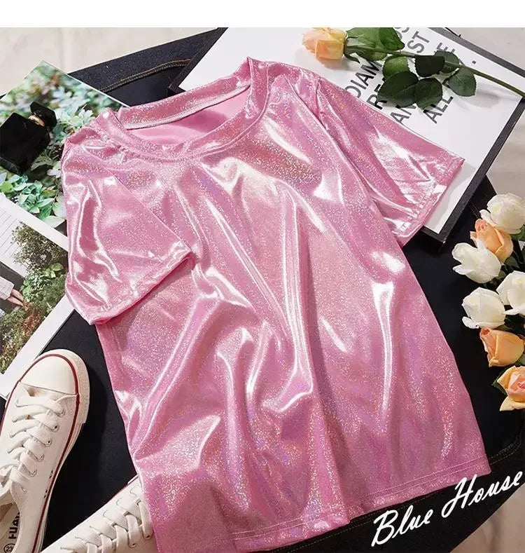 S-5XL Womens Sparkly Shiny Metallic Holographic Round Neck Short Sleeve Casual Loose Top Festival Party Tee Shirt Female Clothes Pink