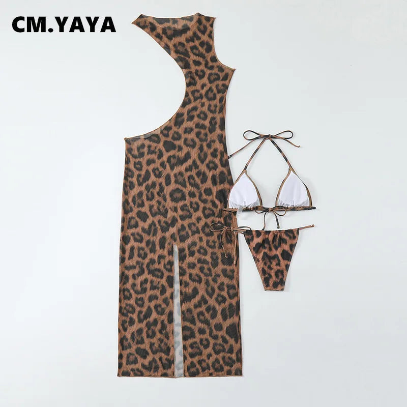 Women Beach Bikini Set with Cutout Leopard Printed Sexy Long Bodycon Swimsuit Three 2 Piece Set Swimwear Bathing Suit