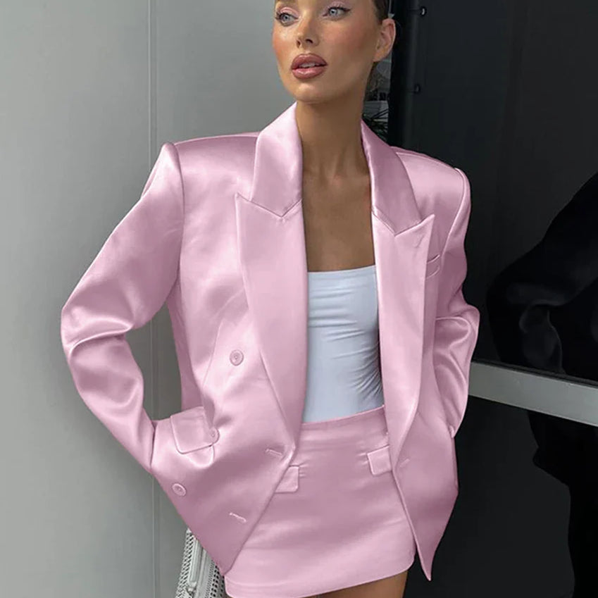 Clacive Fashion Loose Pink Satin 2 Piece Sets Women Outfit Elegant Long Sleeve Blazer With Mid Waist Mini Skirts Set Female Pink