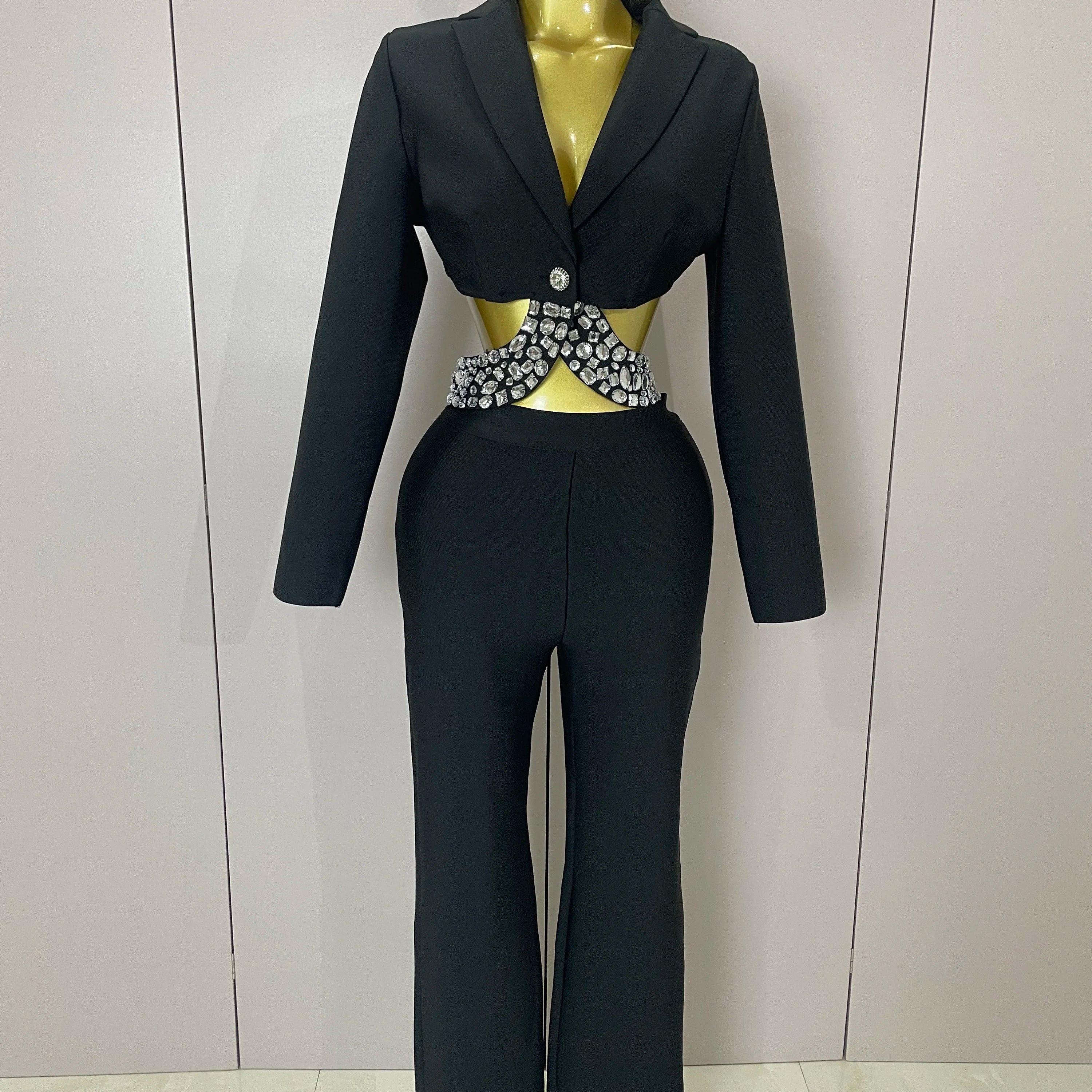 Sexy Cut Out Long Sleeve Beading Bodycon Two Pieces Pants Bandage Set Women Celebrity Designer Fashion Women Luxury Birthday Set black