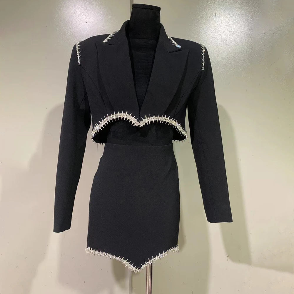 Solid Two Piece Set For Women Notched Collar Long Sleeve Spliced Diamond Blazer High Waist Skirt Casual Set Female BLACK