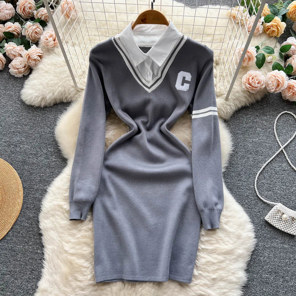 Women Dress Autumn Winter Casual Fake Two Piece Set Long Sleeve Knitted Dress Korean Fashion Mini Dress Vestidos