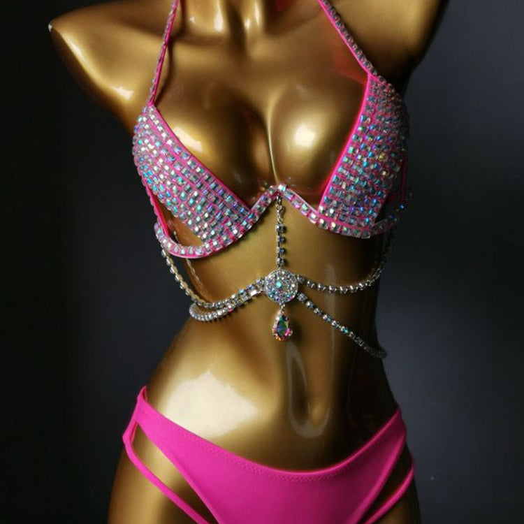 Swimwear Bikini Sets Swimsuit 2024 Summer Beach Shiny Crystal Rhinestone Padded Push Up Bikinis Set Outfits For Women Rose Red 3