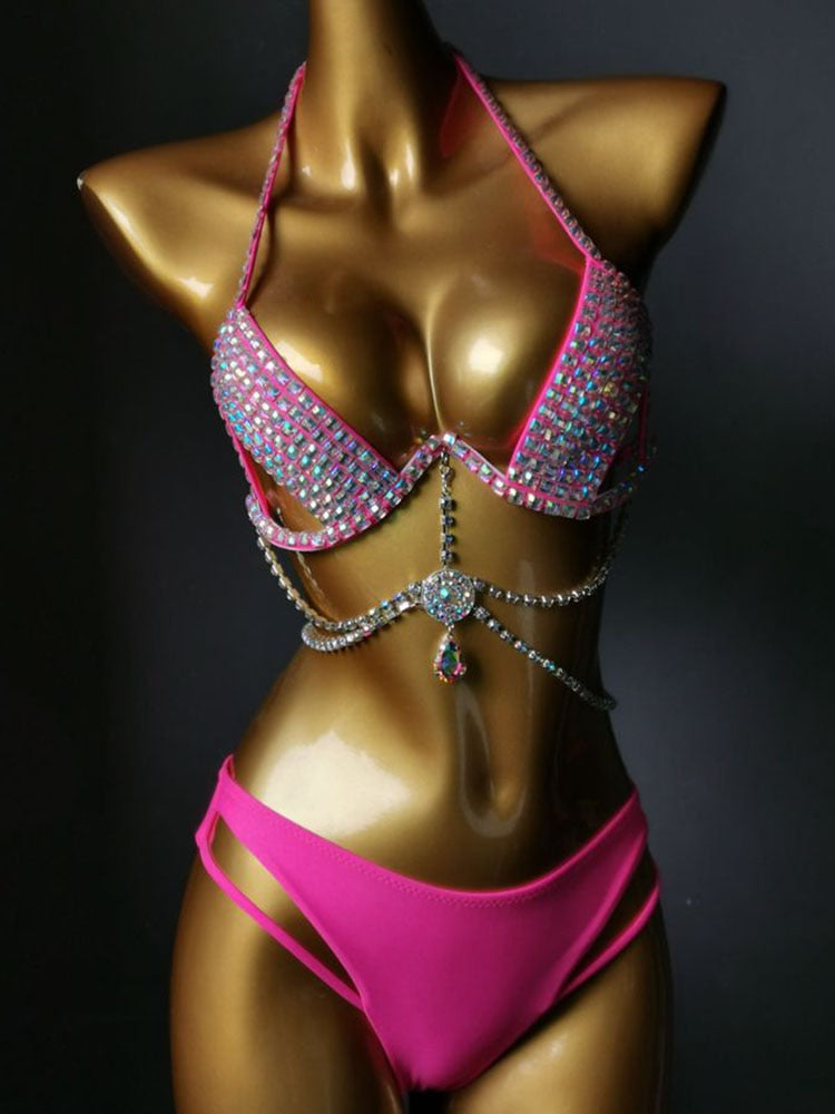 Swimwear Bikini Sets Swimsuit 2024 Summer Beach Shiny Crystal Rhinestone Padded Push Up Bikinis Set Outfits For Women Rose Red 3