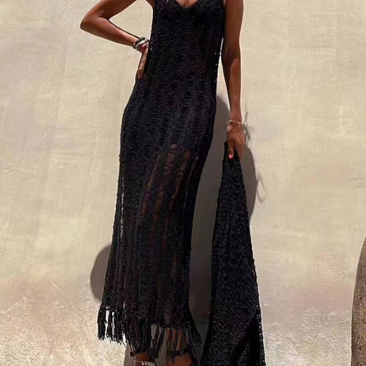 Summer Beach Clothes - Fringe Tassel Knitted Cover Up Cover-ups Beach Wear Sexy Vestidos Hollow Out Robe Long Dress Slit black dress