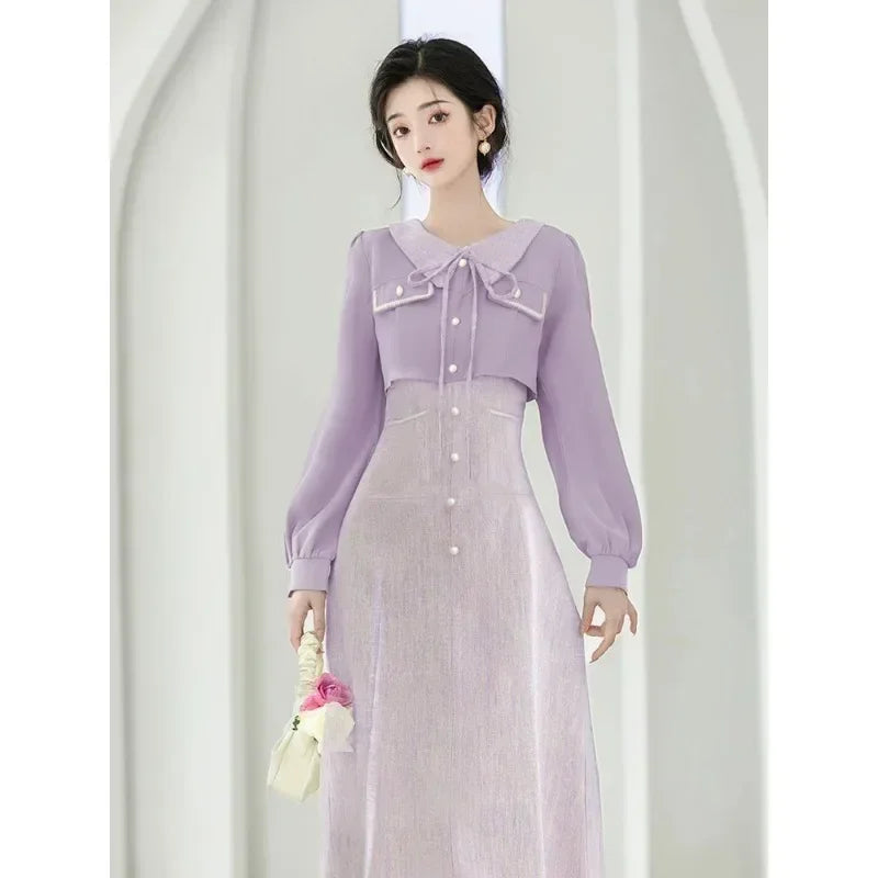 French Elegant Dress Lavender Temperament Women's Clothing High Grade Gentle Fake Two Piece Purple Long Sleeve Dress