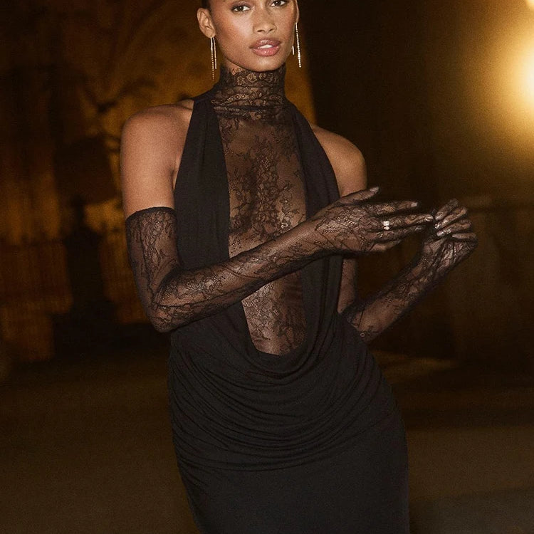 Glamorous Black Halter Dress with Lace Details Gloves for Fashion Events Party Evening Gown