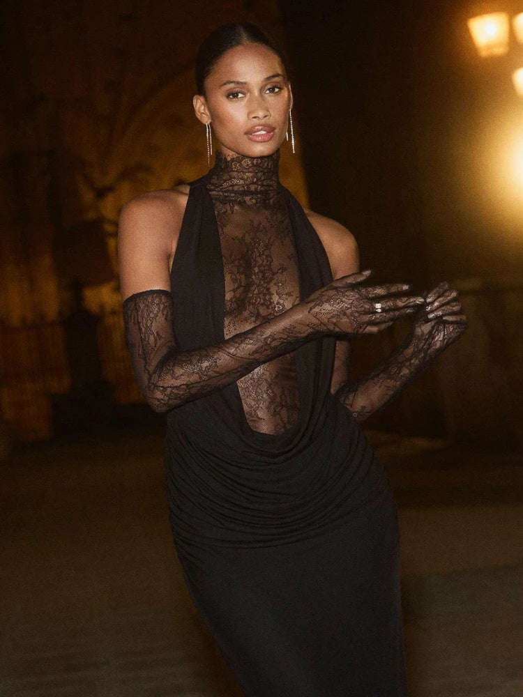 Glamorous Black Halter Dress with Lace Details Gloves for Fashion Events Party Evening Gown