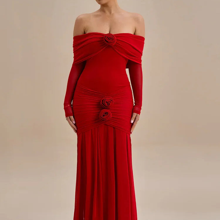 Off-shoulder Strapless Rose Sexy Maxi Dress For Women Fashion Long Sleeve Backless Ruched Bodycon Club Party Dress