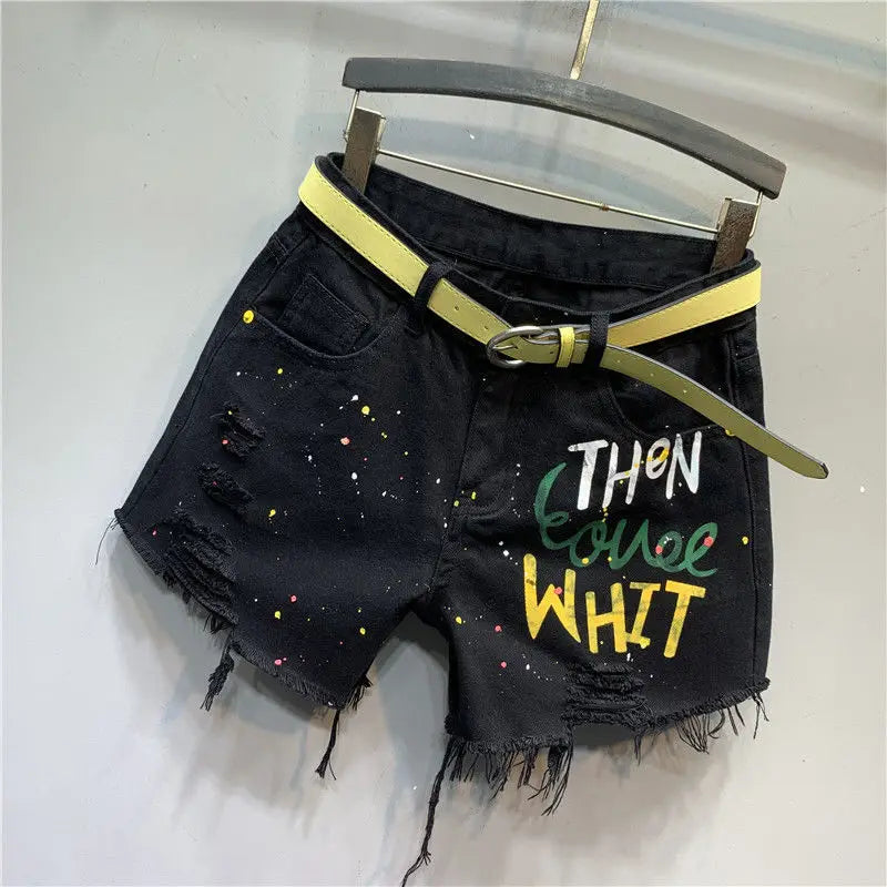 Korean Style Women Summer New Letter Printing Splash Paint Ripped Black Denim Shorts Personalized Fried Street Hot Pants