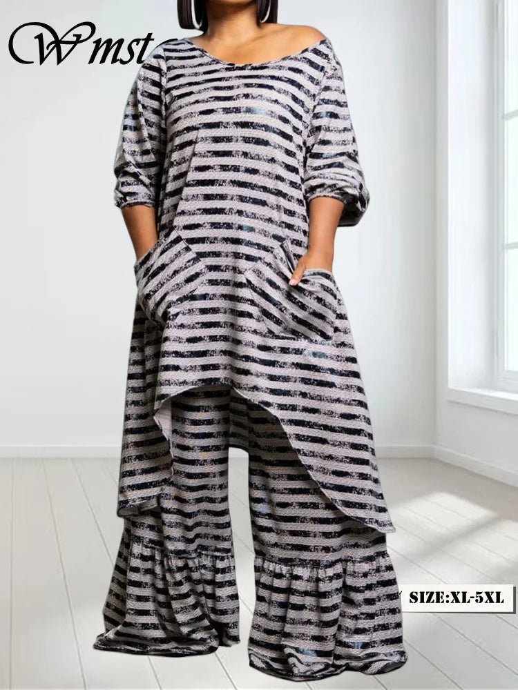Wmstar Plus Size Two Piece Women Clothing Long Sleeve Long Top and Pants Sets Striped Matching Set Wholesale Dropshopping 2024