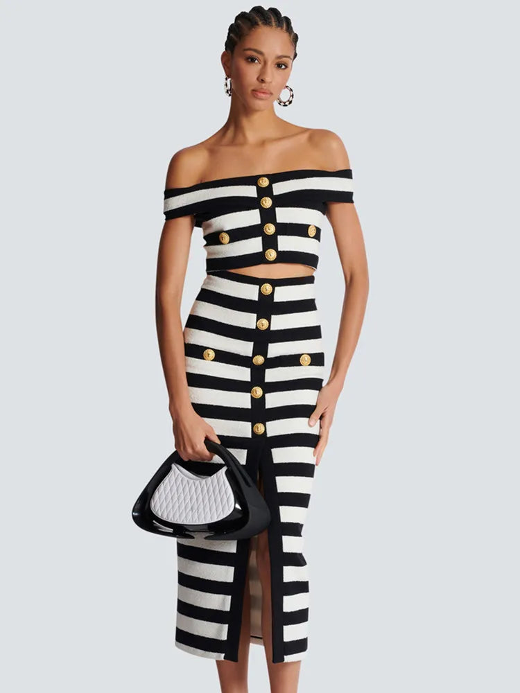 Women Celebrity Sexy Off Shoulder Striped Button Black White Bandage Skirt Set 2024 Knitted Elegant Evening Club Party Clothing WHITE