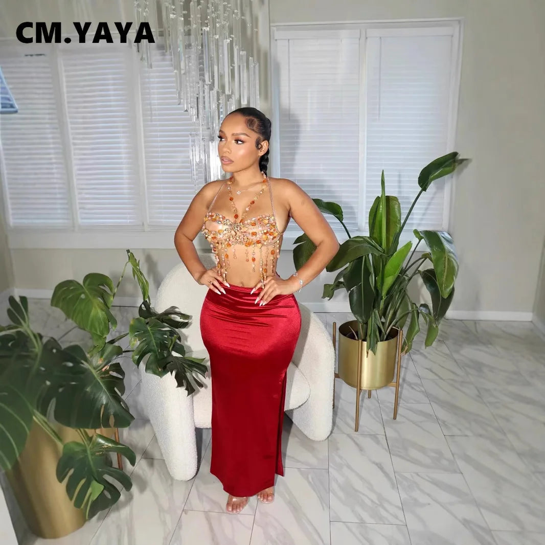 CM.YAYA Vintage Women Satin Bodycon Long Pencil Maxi Long Skirt 2025 Summer Sweet Holiday Beach Street INS Fashion OL Skirts
