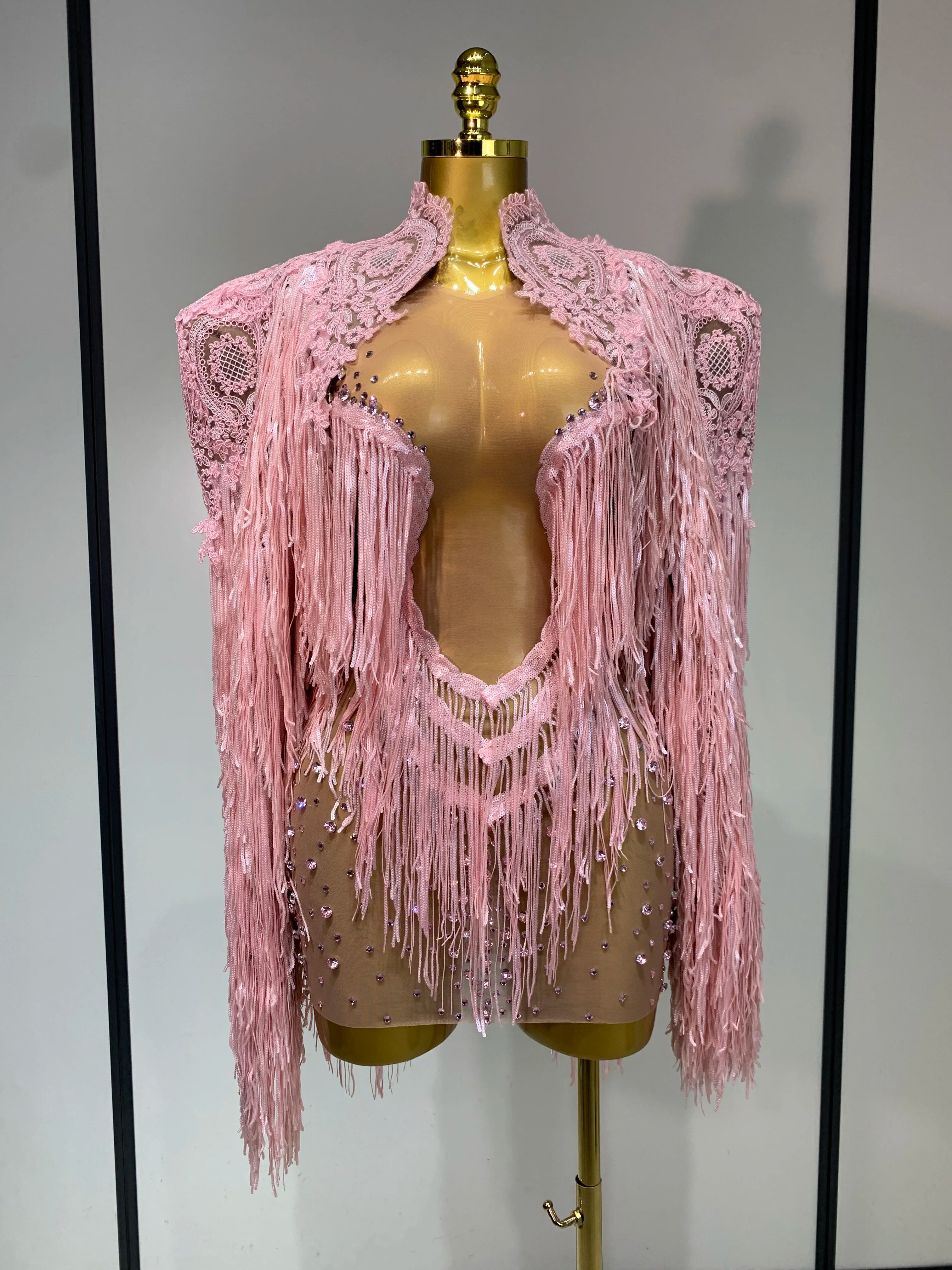 Rhinestones Tassels Mini Dress Suit Luxury Women Sexy See Through Mesh Party Club Dresses Performance Stage Outfit Pink