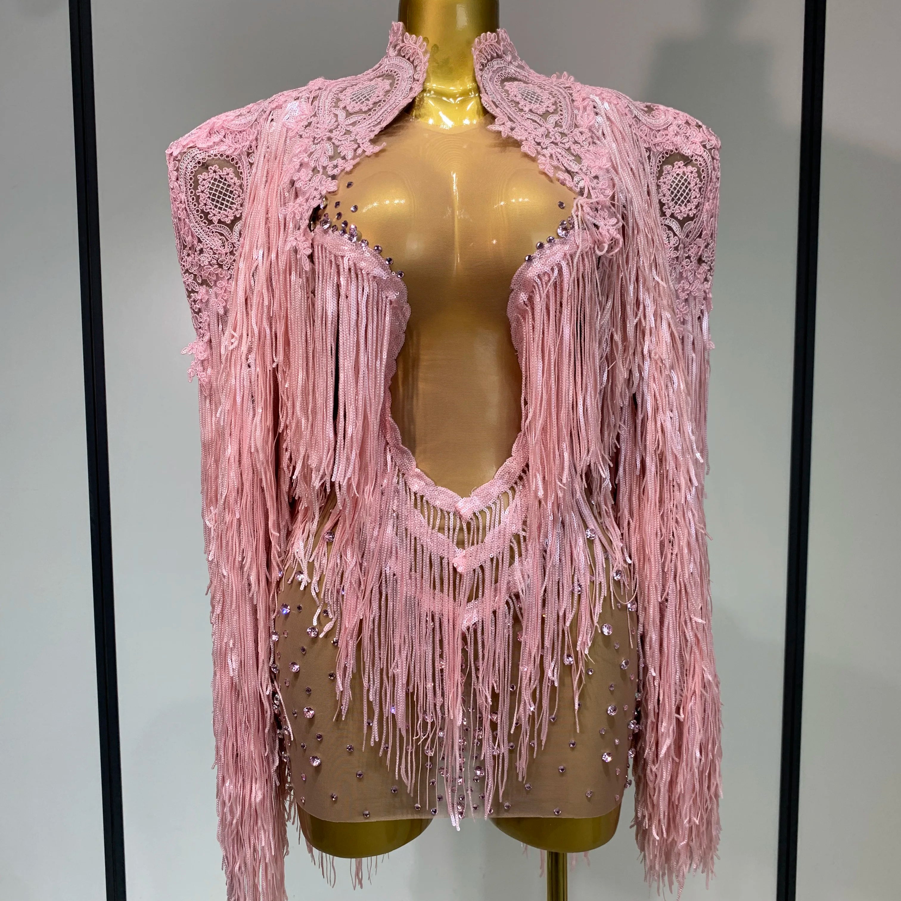 Women Sexy Transparent Long Sleeve Bodycon Dress Two Piece Set Luxury Sequin Fringes Evening Party Celebrity Performance Costume Pink