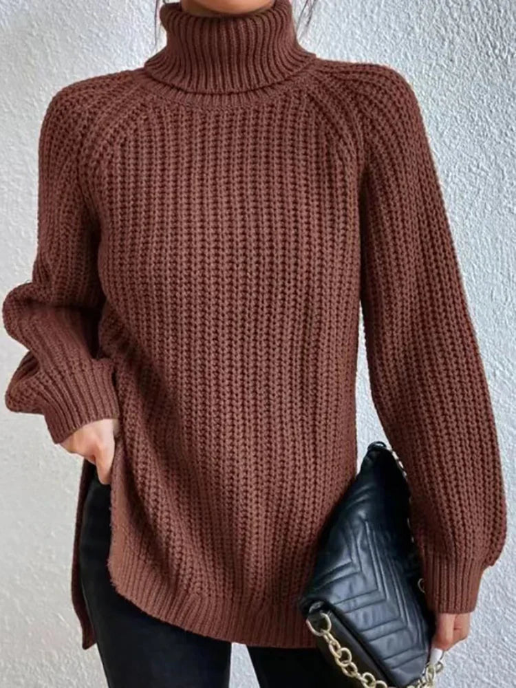 Women Winter Turtleneck Loose Sweater Elegant Drop Sleeve Side Split Pullover Vintage Harajuku Chic Jumpers Oversized knit Tops Brown