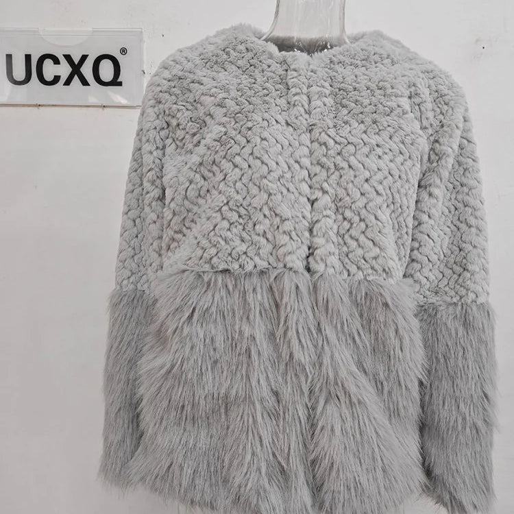 Women Fur Patchwork Imitation Furs Coats Loose Elegant O-neck Solid Cardigan Weave Design Blends Jacket Autumn Gray